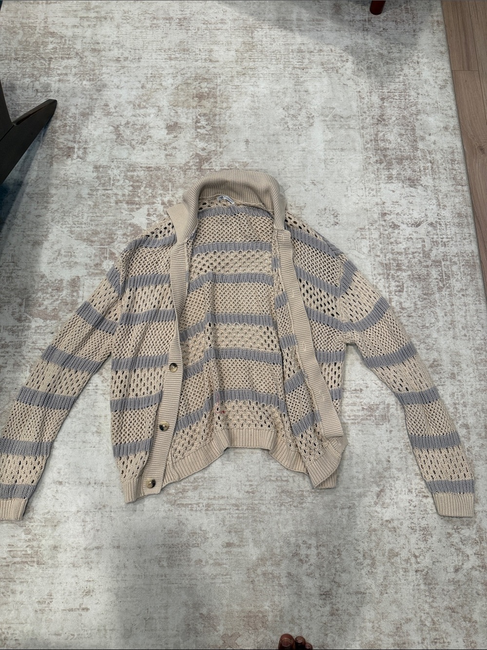 Zara Beige and Light Gray Striped Open-Knit long sleeve polo